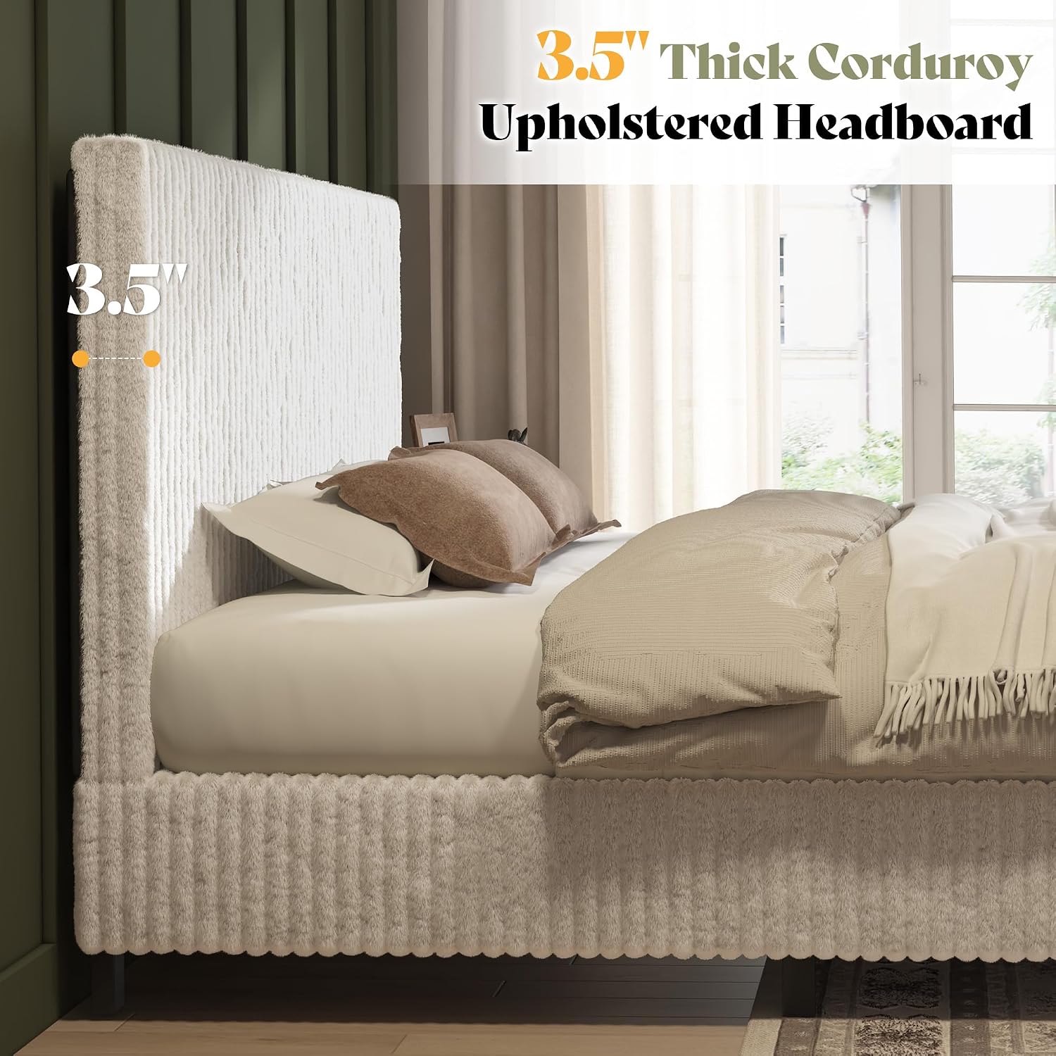 AMERLIFE Full Bed Frame, Upholstered Metal Platform Bed with Vertical Channel Tufted Headboard, Soft Fabric & Strong Metal Slats, Noise-Free/Easy Assembly, White Full Upholstered Bed and Headboard