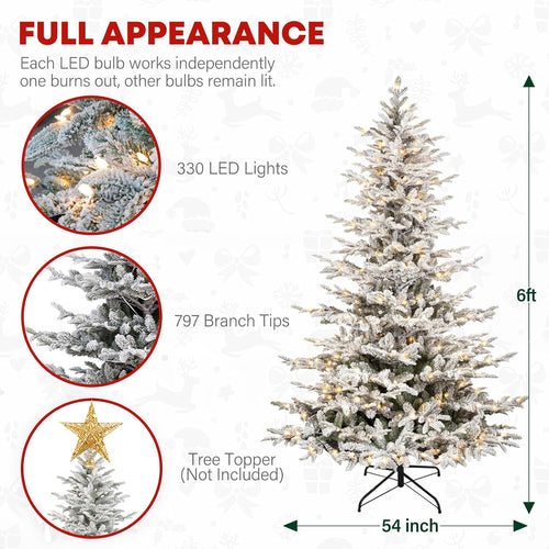 6ft Lighted Flocked Christmas Tree with 330 Warm White Lights, Artificial Hinged Christmas Tree with 797 PE&PVC Mixed Branch Tips for Home, Easy Assembly for Indoor Holiday Decorating