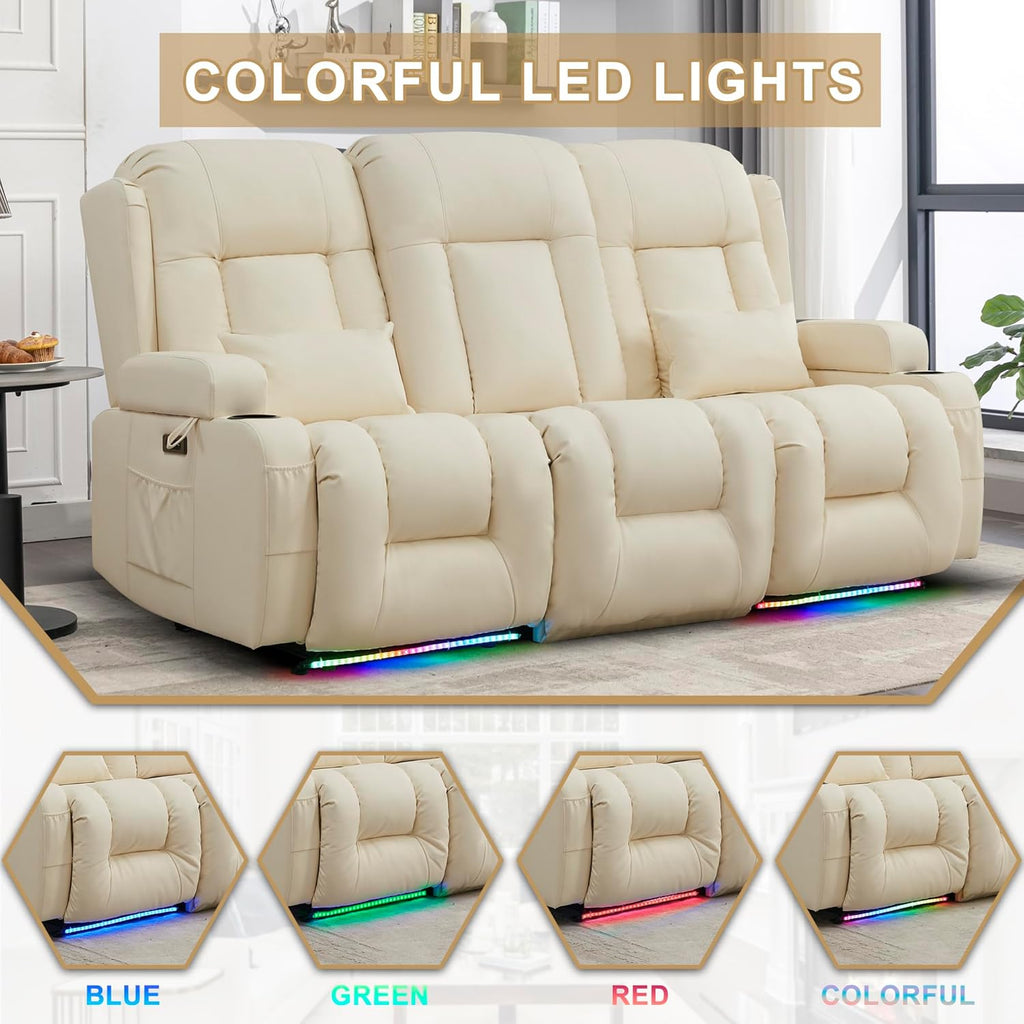 URRED Power Loveseat Recliner Sofa with Massage and Heat, Wall Hugger Reclining Loveseat with Console, RV Couch Home Theater Seating with LED Lights for Living Room (Irovy, 76.8" - 3 Seats)