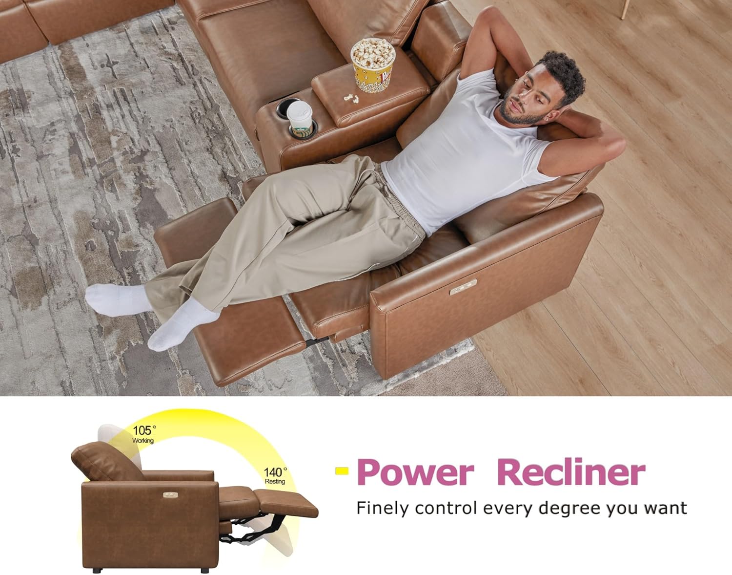 AMERLIFE 36.5” Power Recliner Chair, Single Electric Reclining Sofa with USB Charging Port, Leather Recliner for Living Room, Brown