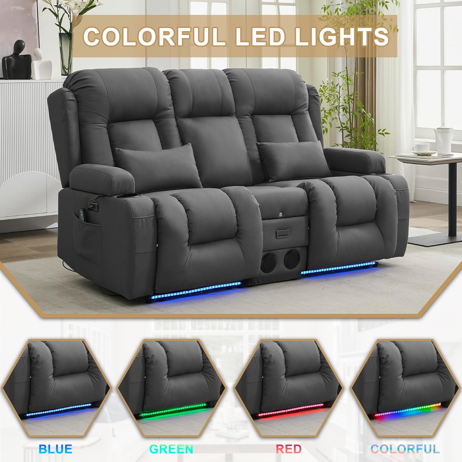 URRED Power Loveseat Recliner Sofa with Massage and Heat, Wall Hugger Reclining Loveseat with Console, RV Couch Home Theater Seating with LED Lights for Living Room (Gray, 67" - 2 Seats)