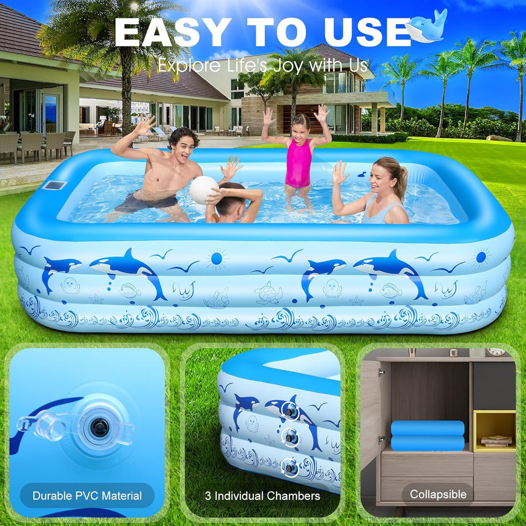 StarOcean 2026 Upgrade Inflatable Pool with Lights, Family Inflatable Swimming Pool for Kids,Adults,Blow Up Pool Solar Powered,Large Kiddie Pool,100"x63"x20"Oversized Thickened Pool for Backyard-Blue