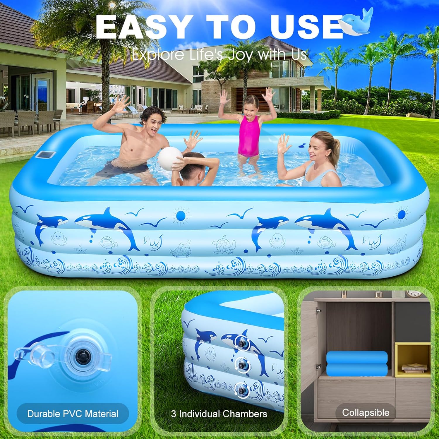 StarOcean 2026 Upgrade Inflatable Pool with Lights, Family Inflatable Swimming Pool for Kids,Adults,Blow Up Pool Solar Powered,Large Kiddie Pool,100"x63"x20"Oversized Thickened Pool for Backyard-Blue