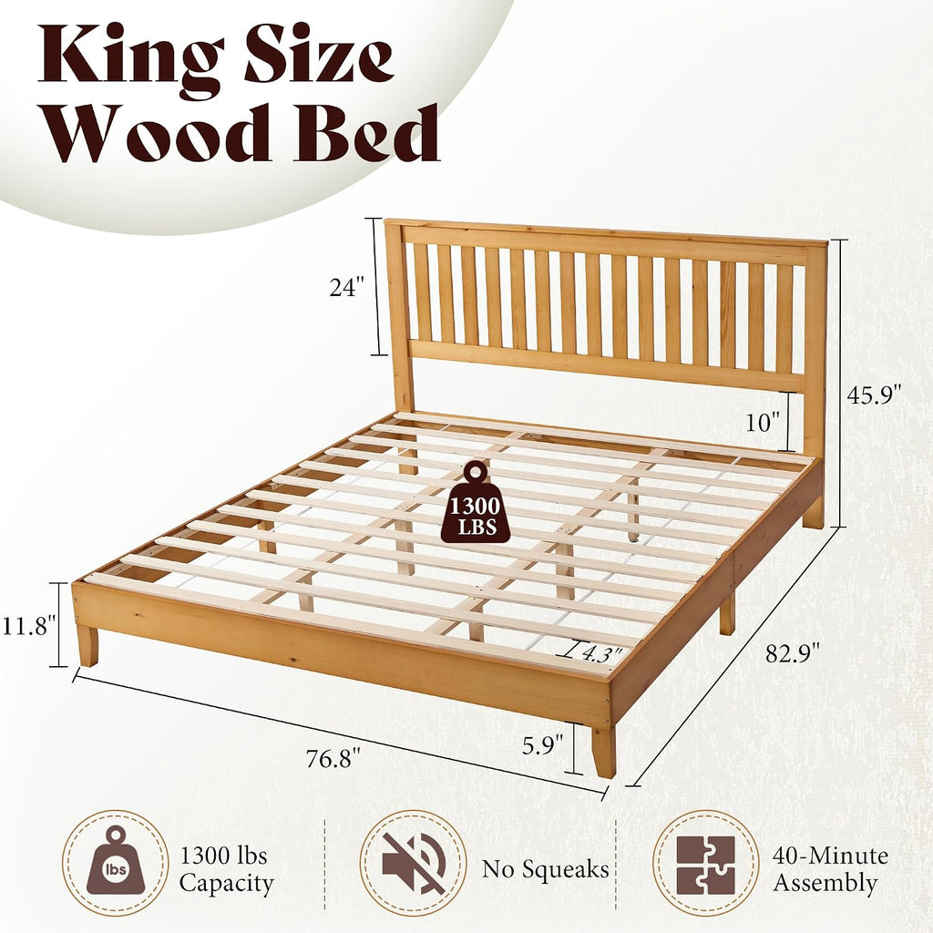 AMERLIFE King Bed Frame, Solid Wood Platform Bed with Vertical Slats Headboard, Wooden Bedframe King-Size, Sturdy Wooden Slats Support, No Box Spring Needed, Noise Free, Light Wood
