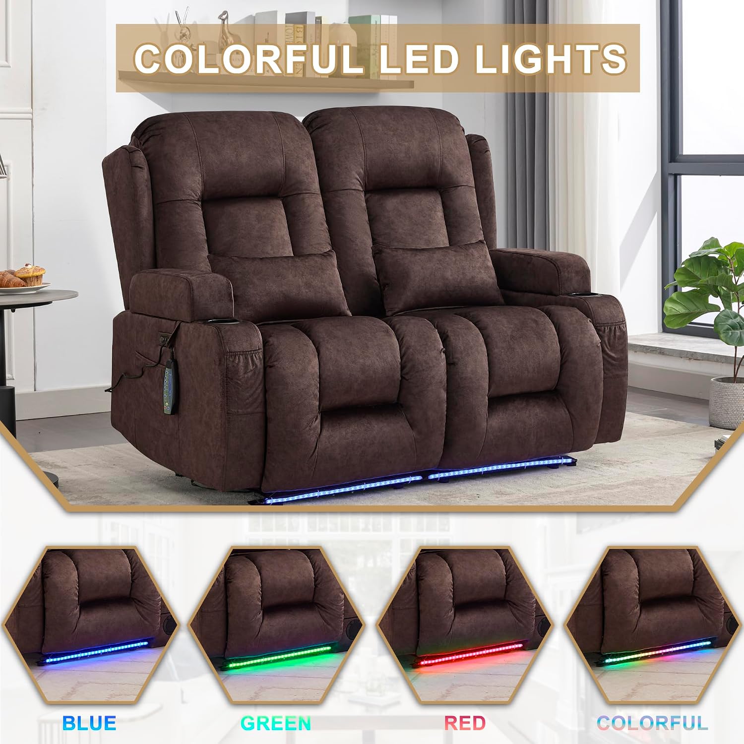 URRED Power Loveseat Recliner Sofa with Massage and Heat, Wall Hugger Reclining Loveseat, RV Couch Home Theater Seating with LED Lights for Living Room (Brown, 54" - 2 Seats)