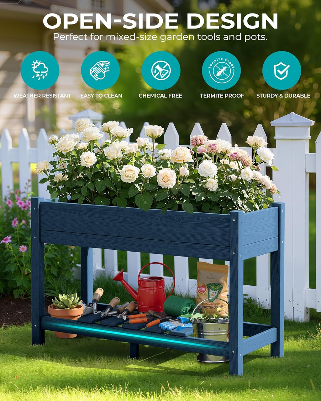 SERWALL Raised Garden Bed with Legs, 43"×17"×30" Large HDPE Elevated Planter Box for Vegetables Flower Herb Patio, All Weather Use- Blue