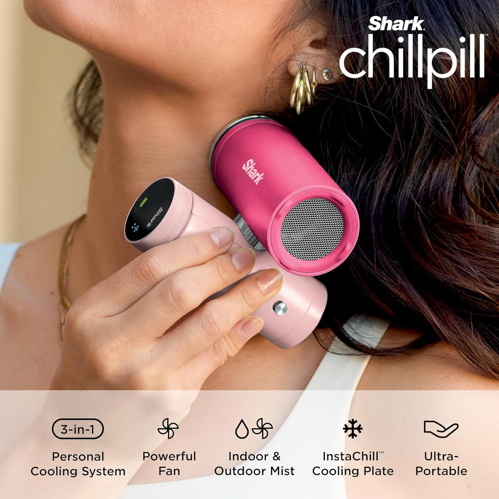 Shark ChillPill – The Only 3-in-1 Personal Cooling System with Fan, InstaChill Cooling Plate & Dry-Touch Mist – Portable, Handheld, Drops Skin Temp Up to 16°F, 10 Speeds, Dragon Fruit, FA022PK