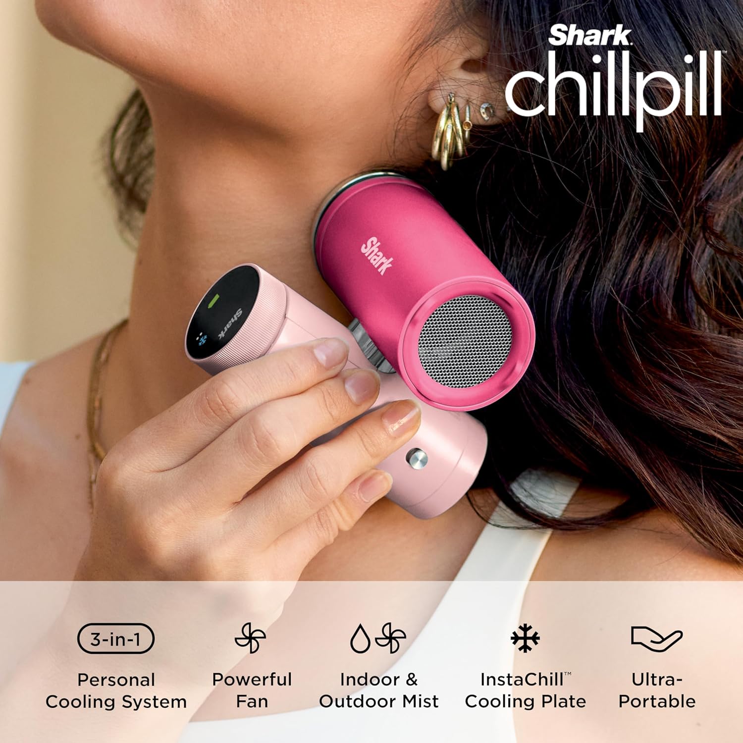Shark ChillPill – The Only 3-in-1 Personal Cooling System with Fan, InstaChill Cooling Plate & Dry-Touch Mist – Portable, Handheld, Drops Skin Temp Up to 16°F, 10 Speeds, Dragon Fruit, FA022PK