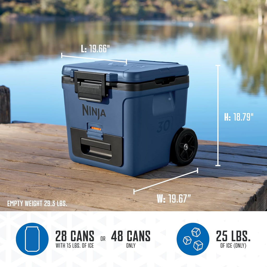 Ninja | Cooler | FrostVault 30QT Cooler with Wheels | Insulated with Temp Dry Storage Drawer | Keeps Ice Cold for Days | for the Beach, Camping, Picnics & More | Lakeshore Blue | FB230BL