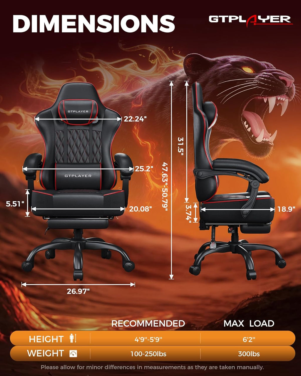 GTPLAYER Gaming Chair, Computer Office Chair with Pocket Spring Cushion, Linkage Armrests, Comfortable Leather Computer Chair, Black & Red