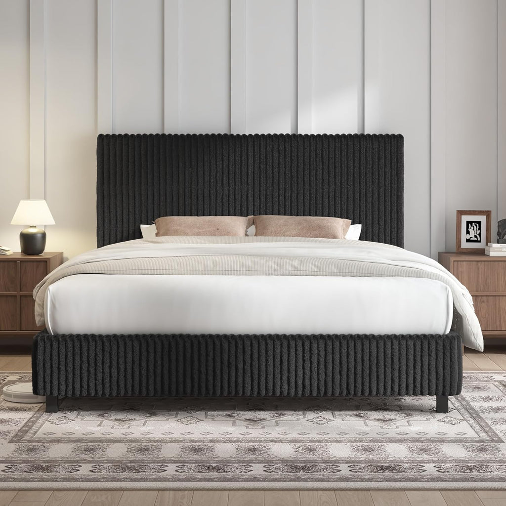 AMERLIFE Full Bed Frame, Upholstered Metal Platform Bed with Vertical Channel Tufted Headboard, Soft Fabric & Strong Metal Slats, Noise-Free/Easy Assembly, Black Full Upholstered Bed and Headboard
