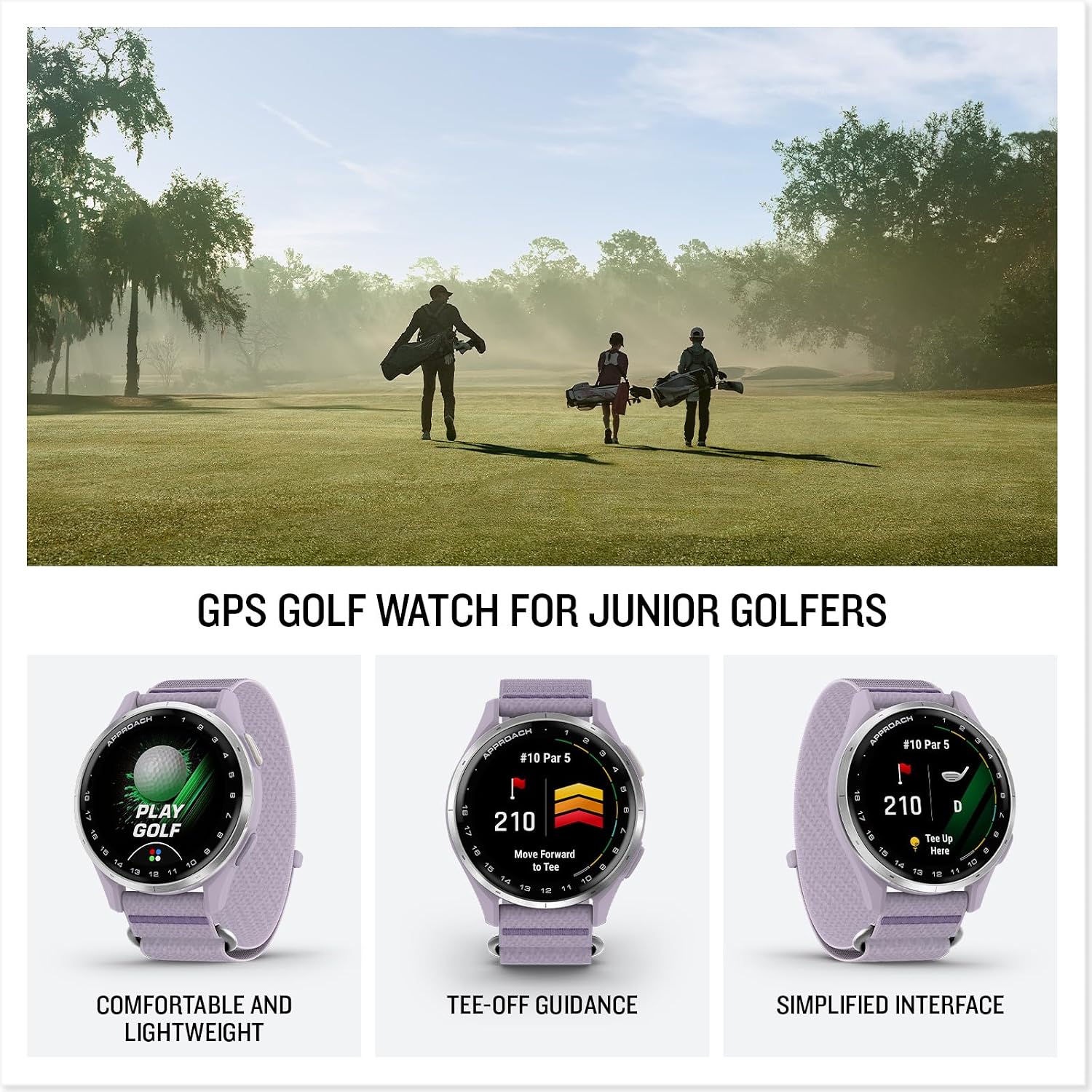 Garmin Approach® J1, Junior Golf Watch with GPS, Bright and Colorful Display, Tee-Off Guidance, Essential Features for Learning and Improving, Lilac