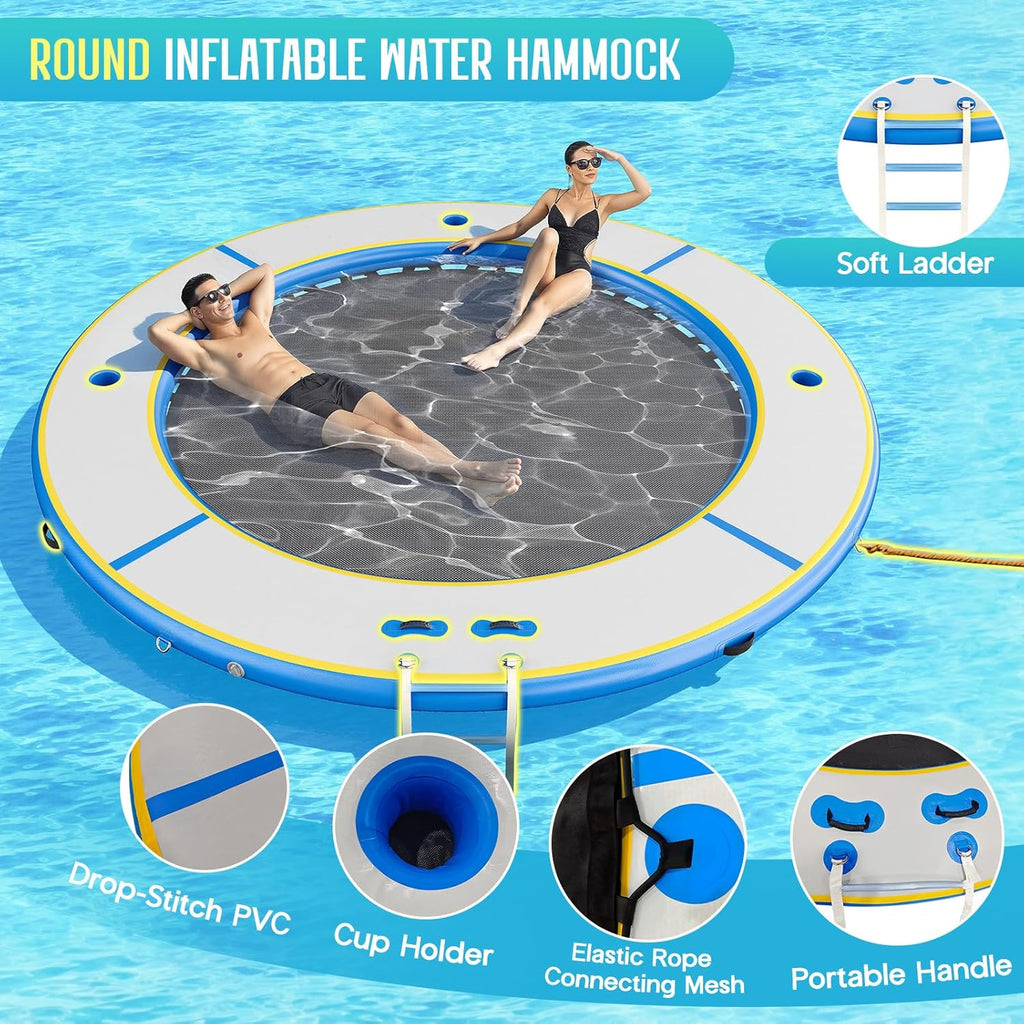 SPECRAFT 12FT Inflatable Water Hammock for Adults Round Floating Dock Platform with Mesh Heavy Duty Inflatable Raft with Soft Ladder and Cup Holder for Lake Beach Party