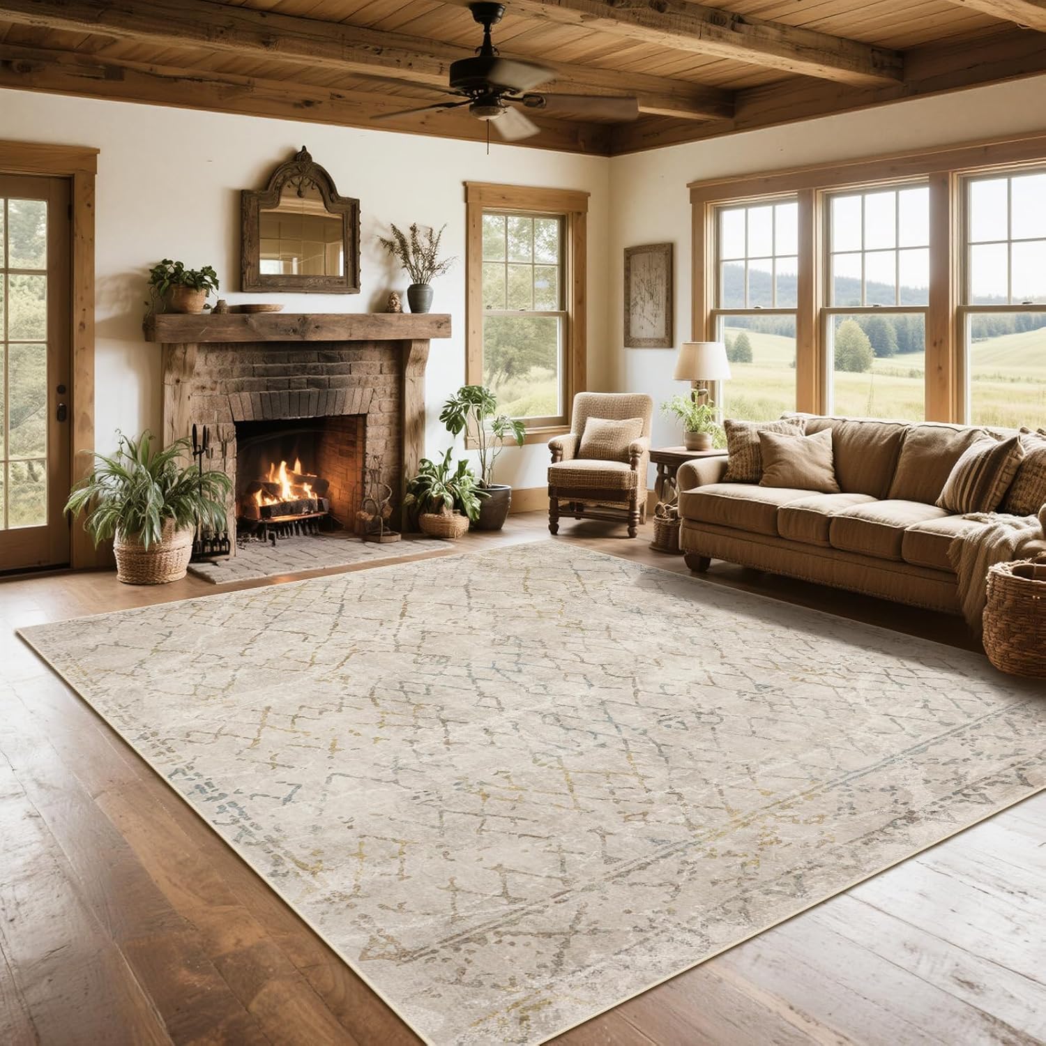Srugn Washable Rugs 8x10 Area Rugs for Living Room,Ultra Soft Faux Wool Retro Rugs for Bedroom,Dining Room,Non Slip&Non-Shedding Low Pile Vintage Print Rug Indoor Large Carpets for Home Office Decor