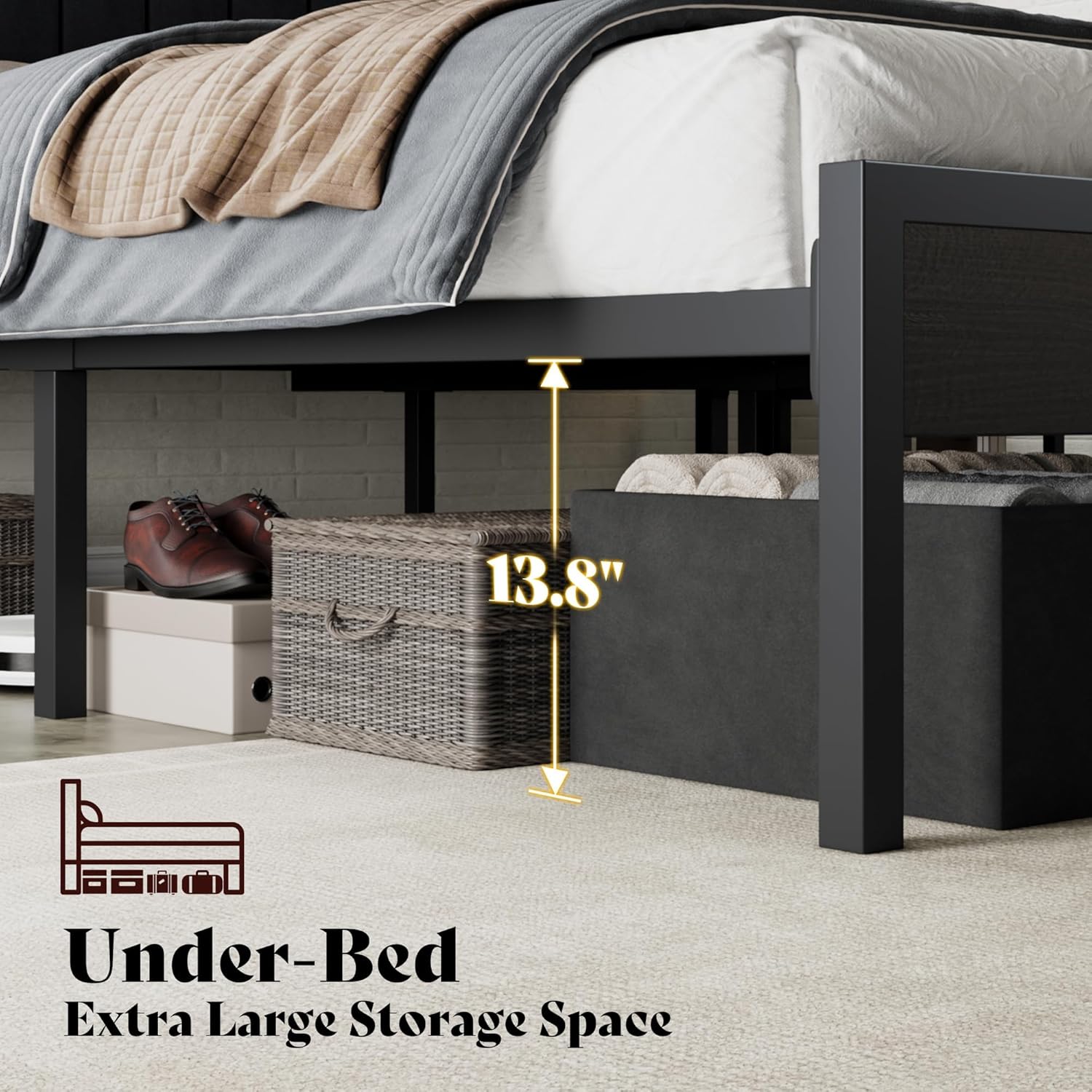 AMERLIFE Queen Bed Frame with LED Light and 2 Storage Drawers, Metal Platform Bed with Storage Headboard, Velvet Upholstered, Heavy-Duty Slats, No Box Spring Needed, Easy Assembly, Black