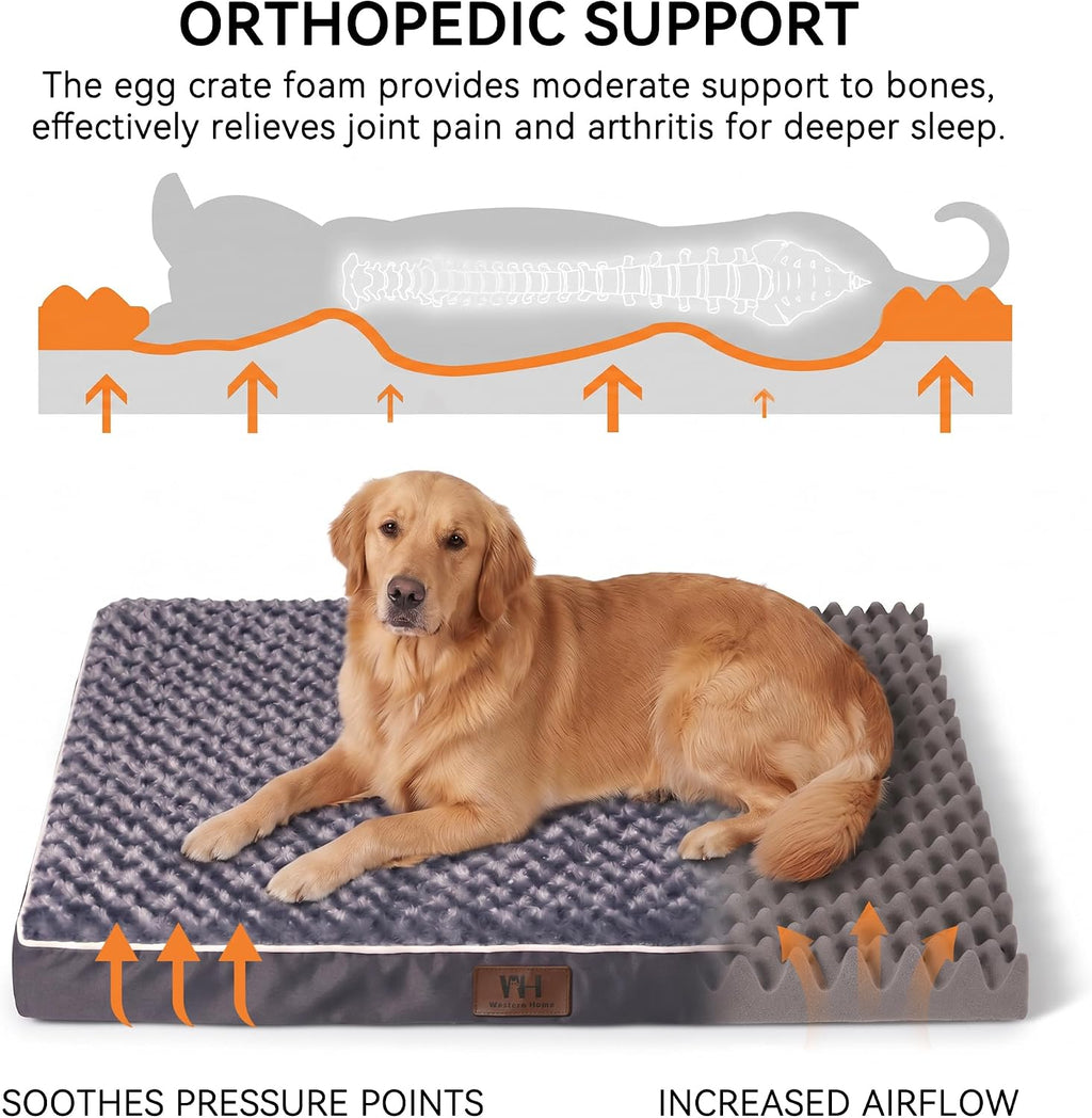 WESTERN HOME WH Orthopedic XXL Dog Bed, Waterproof Extra Large Dog Bed with Removable Washable Cover and Nonskid Bottom, Thick Egg Crate Foam XXL Pet Beds, Grey 47"