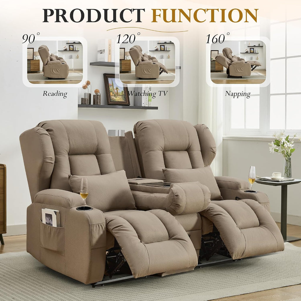 URRED Loveseat Recliner Sofa, Manual Reclining Loveseat Sofa with Flip-Down Console, Home Theater RV Recliner Couch with Cup Holders and Storage for Living Room (Khaki)