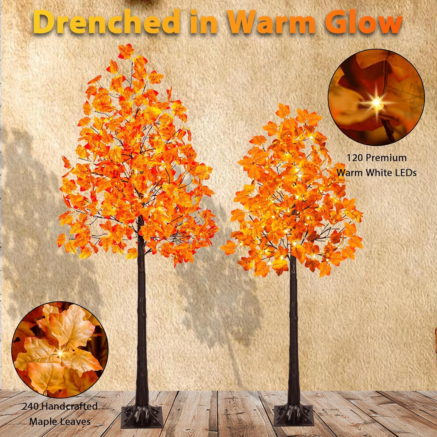 VIVATREES 2Pack 5FT+6FT Artificial Lighted Maple Tree, Light Up Fall Tree with 216 LED Warm White Lights for Halloween, Thanksgiving, Autumn Harvest Outdoor Indoor Home Decor, Orange