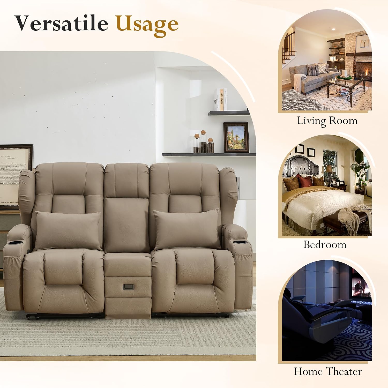 URRED Loveseat Recliner Sofa, Manual Reclining Loveseat Sofa with Flip-Down Console, Home Theater RV Recliner Couch with Cup Holders and Storage for Living Room (Khaki)