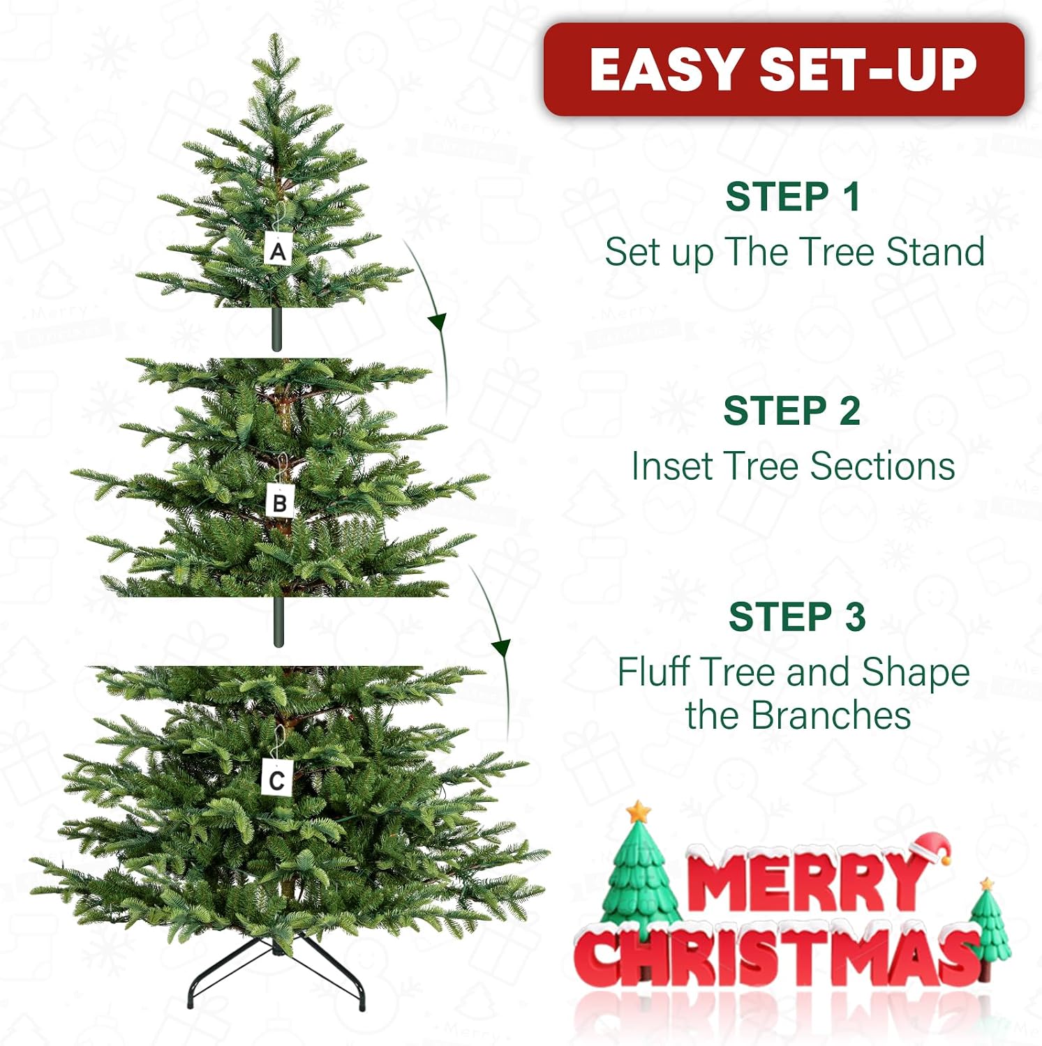 7.5 ft Lighted Artificial Christmas Tree, 450 Warm White LED Lights, 1173 PE&PVC Branch Tips, Premium Stand, Easy Assembly for Indoor Holiday Decorating