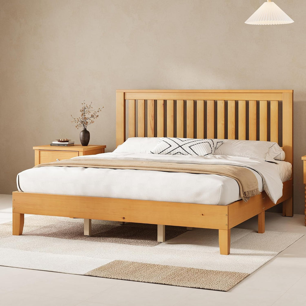 AMERLIFE King Bed Frame, Solid Wood Platform Bed with Vertical Slats Headboard, Wooden Bedframe King-Size, Sturdy Wooden Slats Support, No Box Spring Needed, Noise Free, Light Wood