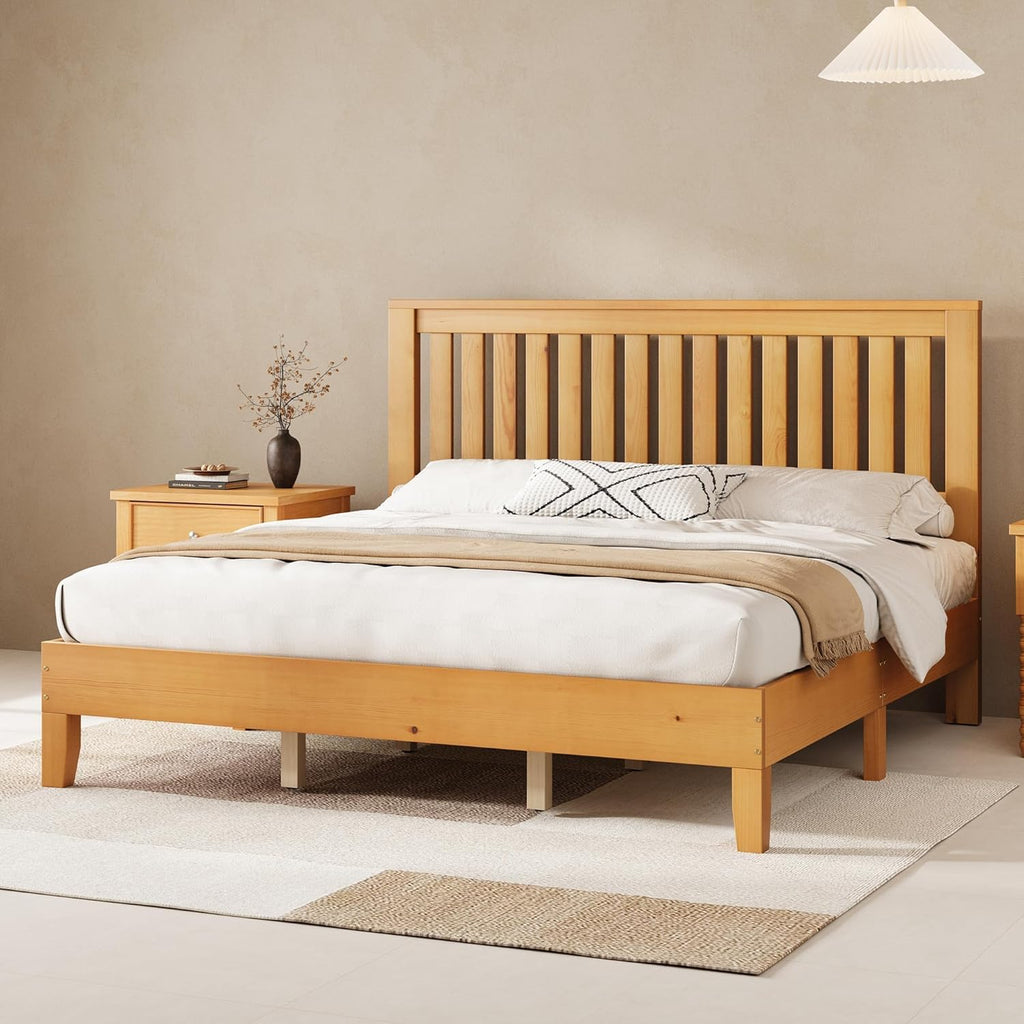 AMERLIFE King Bed Frame, Solid Wood Platform Bed with Vertical Slats Headboard, Wooden Bedframe King-Size, Sturdy Wooden Slats Support, No Box Spring Needed, Noise Free, Light Wood