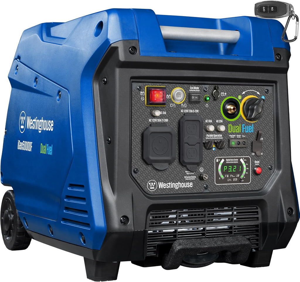 Westinghouse 5000 Peak Watt Super Quiet Dual Fuel Portable Inverter Generator, Remote Electric Start, Gas & Propane Powered, RV Ready 30A Outlet, Parallel Capable, Blue/Black