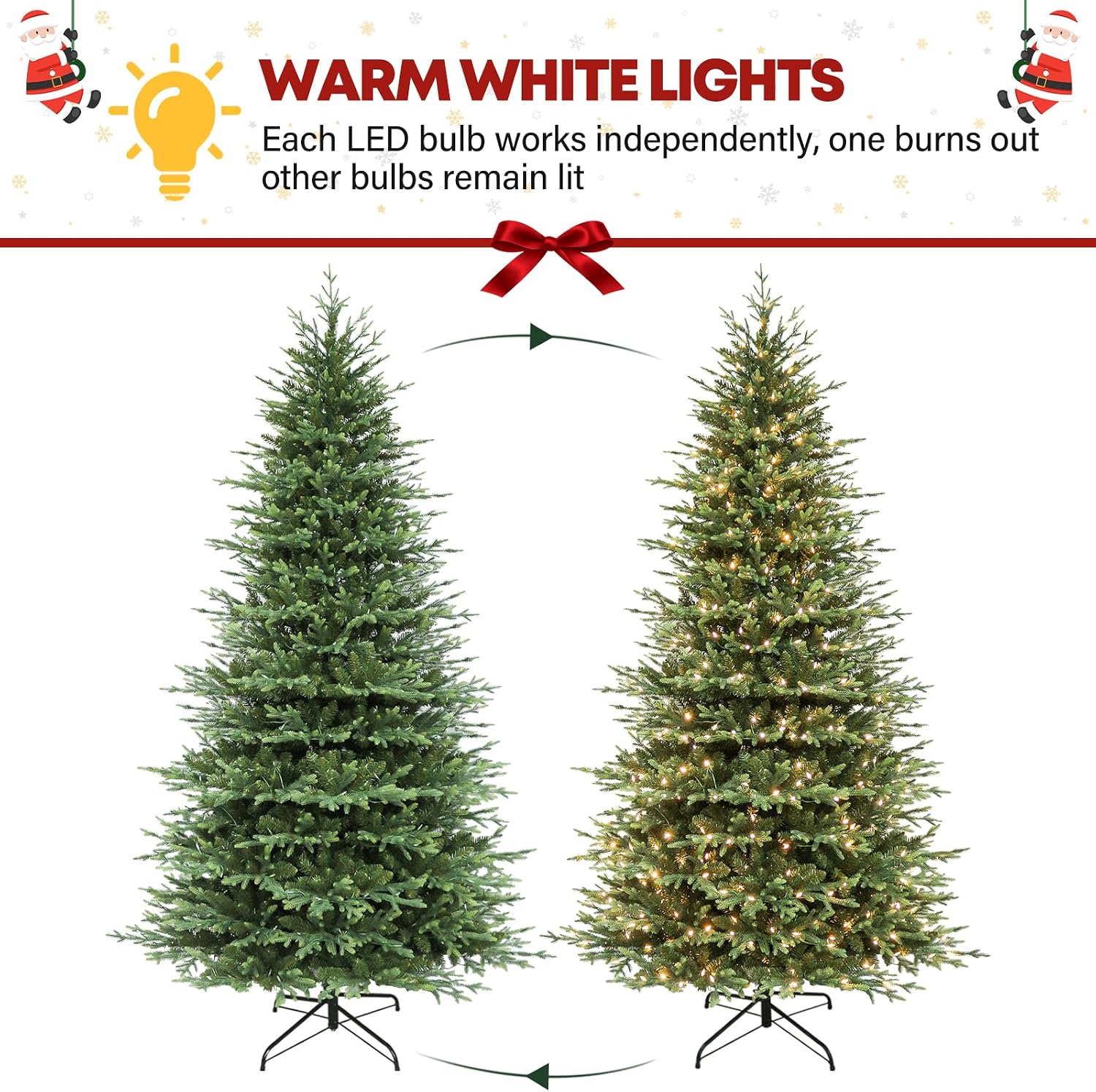 9 ft Lighted Artificial Christmas Tree, 600 Warm White LED Lights, 5149 PE&PVC Mixed Realistic Branch Tips, Metal Base and Hinged Branches Included