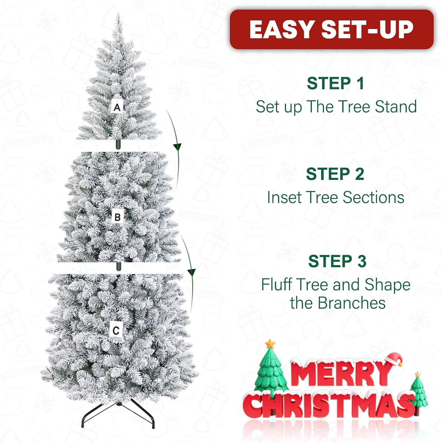 7.5ft Prelit Snow Flocked Pencil Christmas Tree with 300 Multicolor LED Lights, Artificial Slim Christmas Tree with 792 PVC Branch Tips, Metal Stand and Hinged Branches, 10 Color Modes