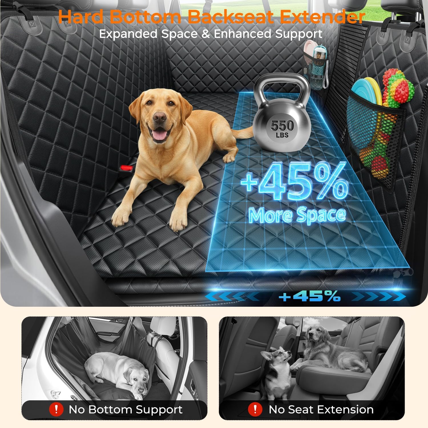 URPOWER 2026 Upgraded Dog Back Seat Extender for Full Size Crew Cab Truck - Large Hard Bottom Dog Car Seat Cover Holds 550lbs, Waterproof Dog Hammock Pet Bed with High-Density Foam Non-Slip