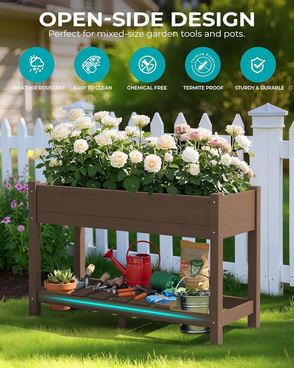 SERWALL Raised Garden Bed with Legs, 43"×17"×30" Large HDPE Elevated Planter Box for Vegetables Flower Herb Patio, All Weather Use- Brown