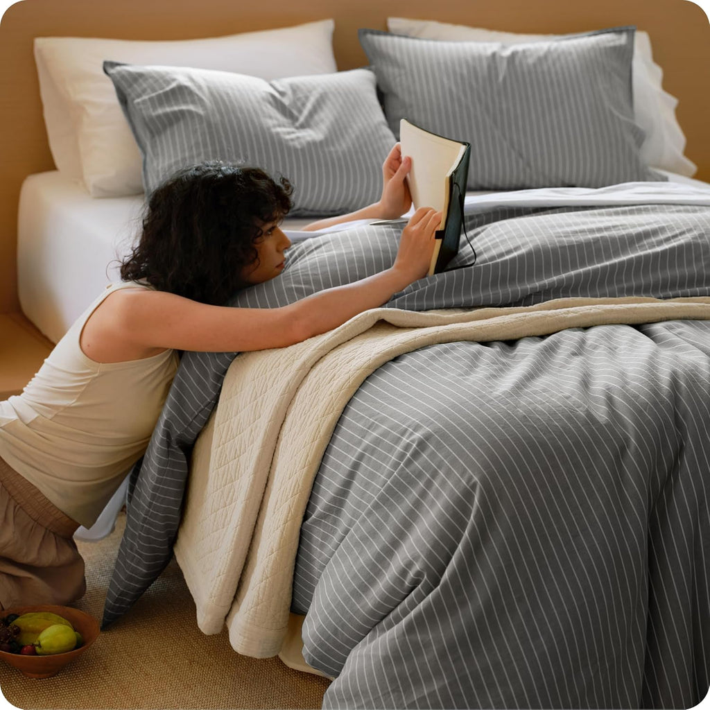 Bedsure Striped Duvet Cover Queen, 100% Washed Cotton Duvet Cover Linen‑Like, PureWoven with Reversible Yarn‑Dyed Design & Double‑Stitch Craft, 3-Piece with Zipper, Stripes Dark Grey, 90"x90"