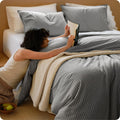 Bedsure Striped Duvet Cover Queen, 100% Washed Cotton Duvet Cover Linen‑Like, PureWoven with Reversible Yarn‑Dyed Design & Double‑Stitch Craft, 3-Piece with Zipper, Stripes Dark Grey, 90"x90"