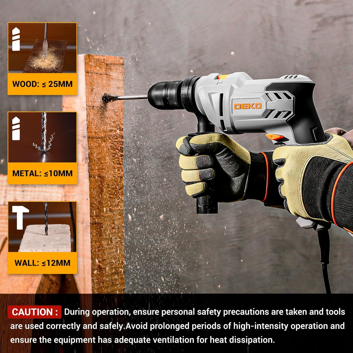 DEKOPRO 6-Amp 1/2-Inch Hammer Drill, Variable Speed Electric Corded Hammer Drill with 12pcs Bit for Concrete & Wood, 2 Functions in 1 with Keyed Metal Chuck, 360° Rotating Handle