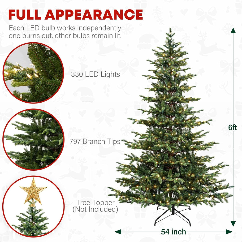 7.5 ft Lighted Artificial Christmas Tree, 450 Warm White LED Lights, 1173 PE&PVC Branch Tips, Premium Stand, Easy Assembly for Indoor Holiday Decorating