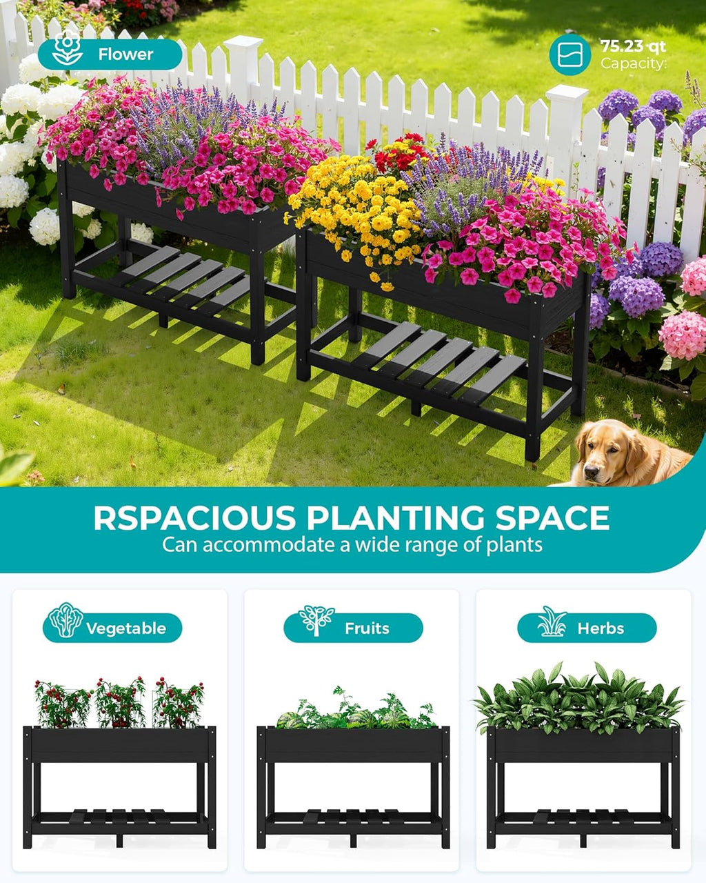 SERWALL Raised Garden Bed, Black, 43"×17"×30" | Large HDPE, Elevated Planter Box, For Vegetables Flower Herb, Patio, All Weather Use