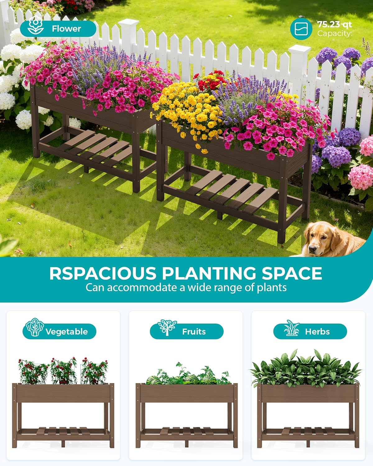 SERWALL Raised Garden Bed with Legs, 43"×17"×30" Large HDPE Elevated Planter Box for Vegetables Flower Herb Patio, All Weather Use- Brown