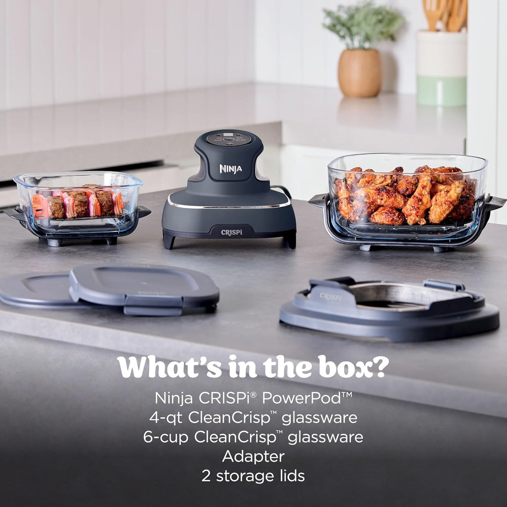 Ninja Crispi 4 in 1 Glass Air Fryer, 450°F, Non Toxic, 4QT and 6 Cup Containers with Lids, Dishwasher Safe, Cyberspace Gray, 1 Count, FN101GY