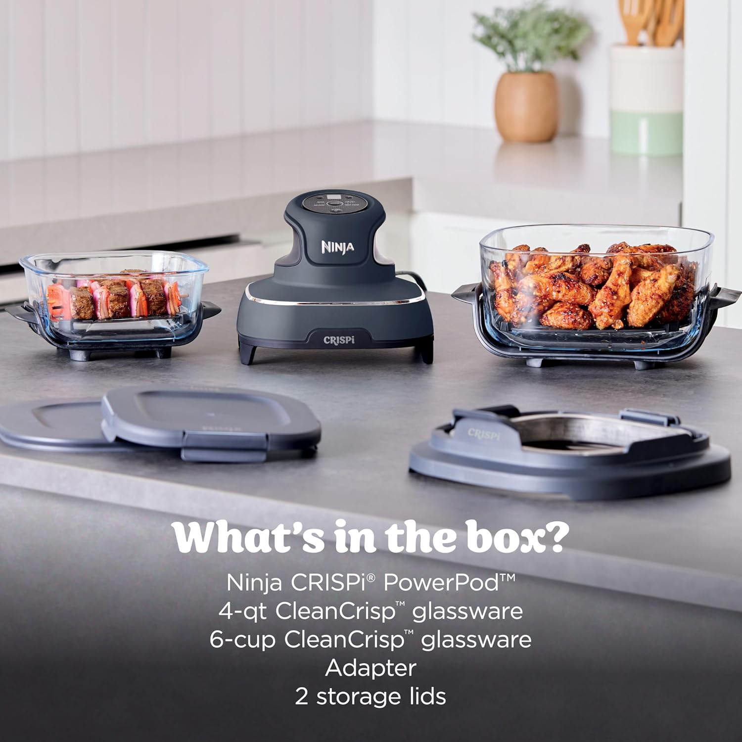 Ninja Crispi 4 in 1 Glass Air Fryer, 450°F, Non Toxic, 4QT and 6 Cup Containers with Lids, Dishwasher Safe, Cyberspace Gray, 1 Count, FN101GY