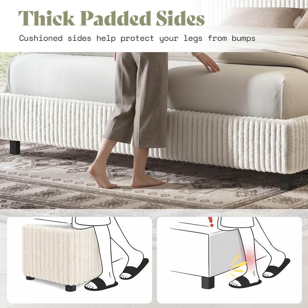AMERLIFE Full Bed Frame, Upholstered Metal Platform Bed with Vertical Channel Tufted Headboard, Soft Fabric & Strong Metal Slats, Noise-Free/Easy Assembly, White Full Upholstered Bed and Headboard
