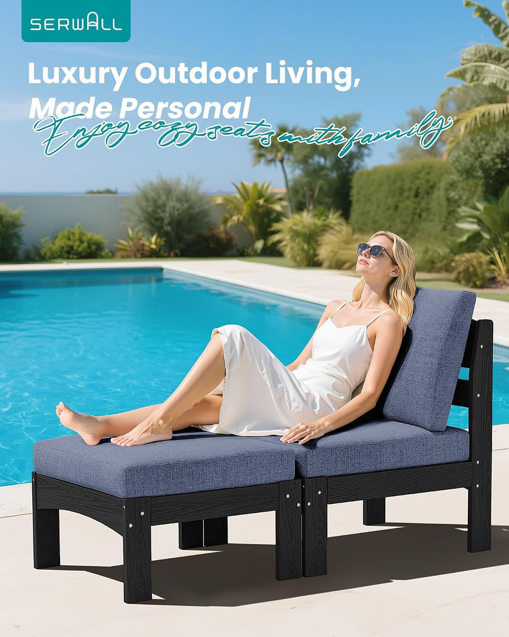 SERWALL 2 Pieces Patio Sofa, All-Weather HDPE Outdoor Conversation Set with Removable Cushions and Ottoman, Modular Design Converts to Chaise Lounge for Porch, Poolside, Black Frame with Grey Cushion