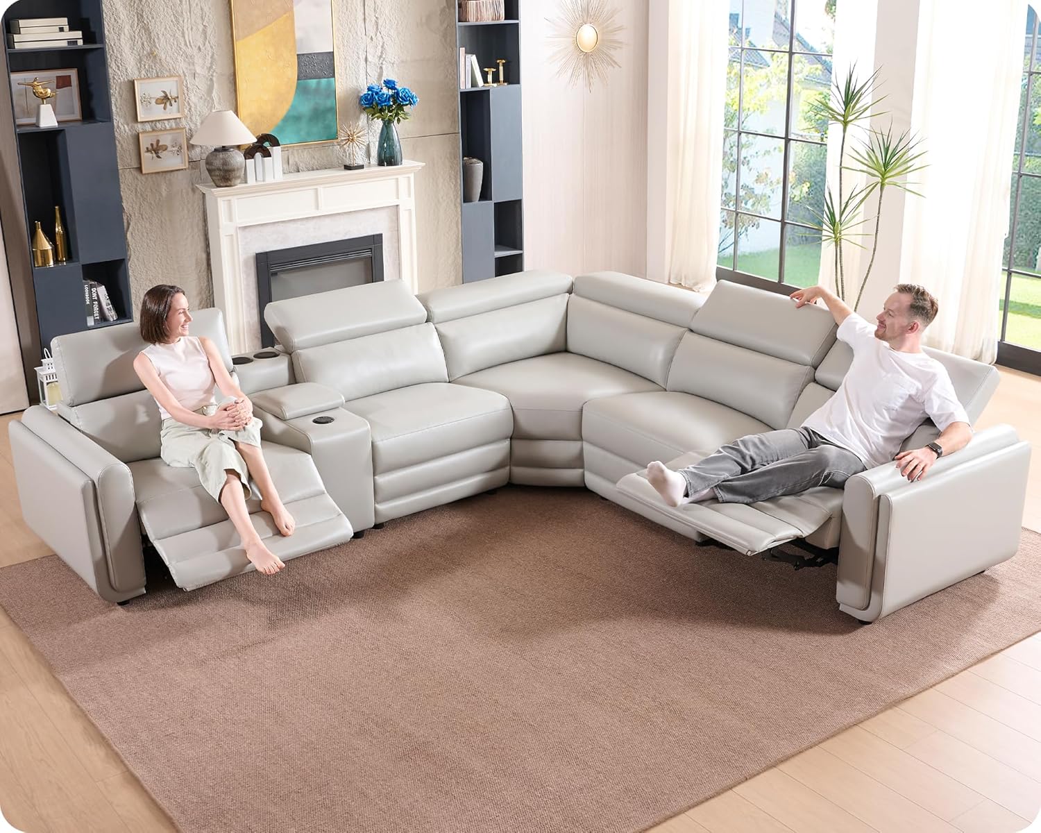 Amerlife Power Recliner Sectional Sofa, Reclining Sofa with Storage/USB Port, Leather Recliner Sofa with Adjustable Headrest, 5-Seat Reclining Sectional Couches with Console and Cup Holder, Light Grey