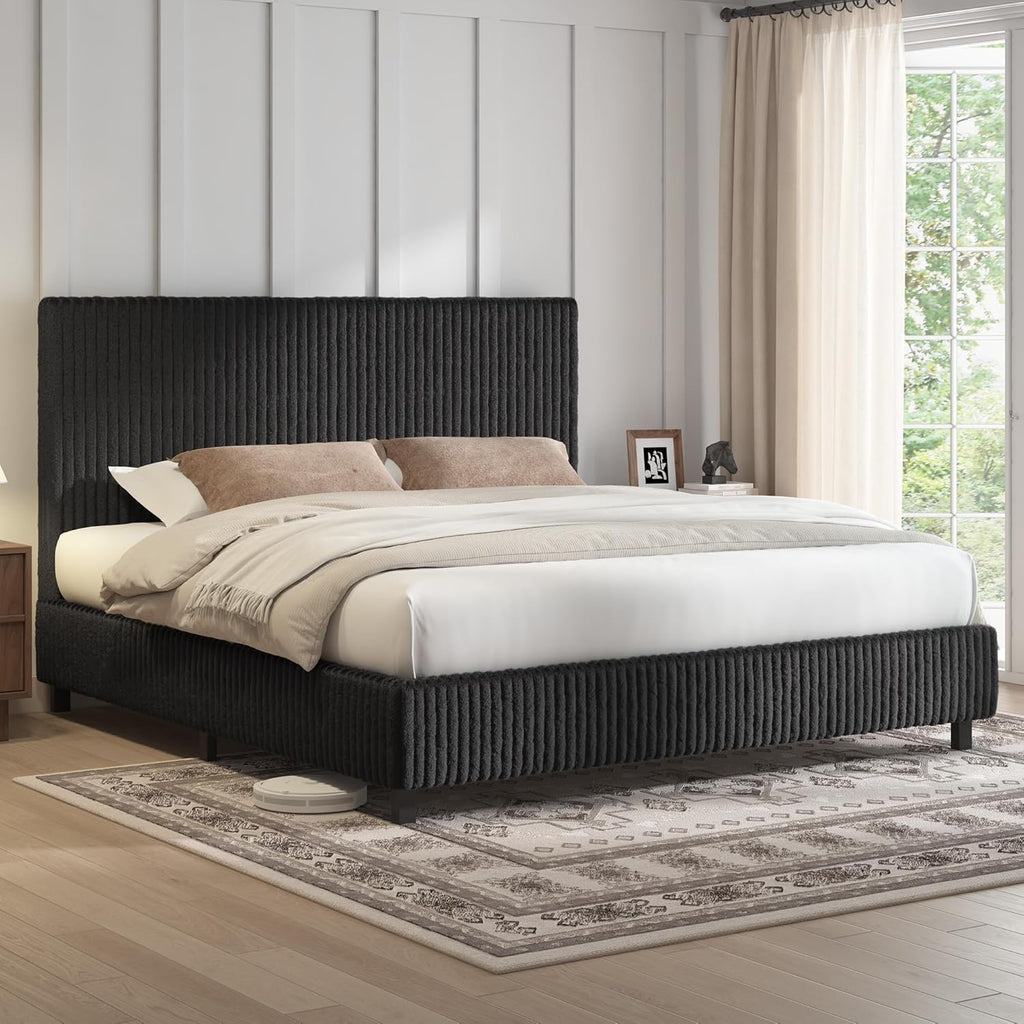 AMERLIFE Full Bed Frame, Upholstered Metal Platform Bed with Vertical Channel Tufted Headboard, Soft Fabric & Strong Metal Slats, Noise-Free/Easy Assembly, Black Full Upholstered Bed and Headboard