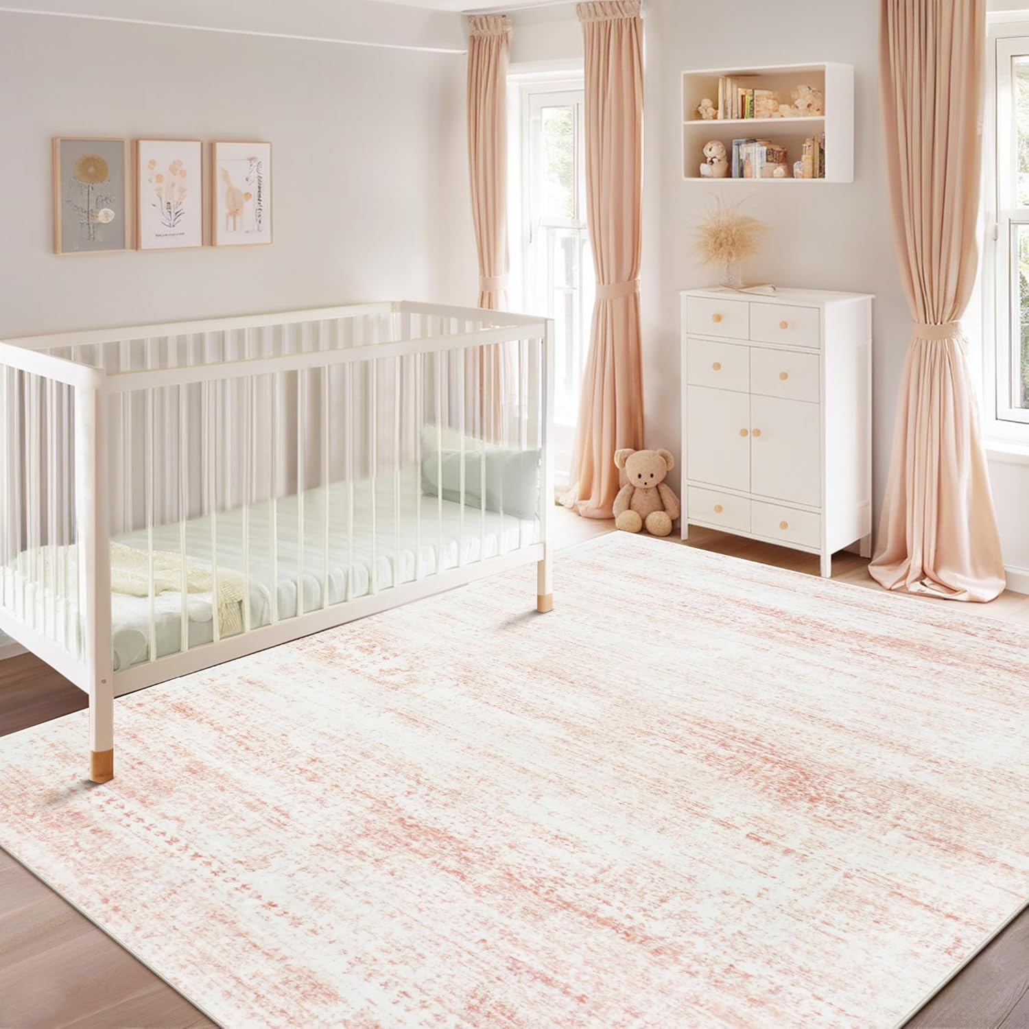 Srugn Washable Area Rug for Living, Bedroom & Dining Room, Ultra Soft Faux Wool Retro Large Carpet, Non-Slip/Shedding Low Pile Vintage Print for Home Office Decor, Beige Ivory Cream Brown Camel, 5x7