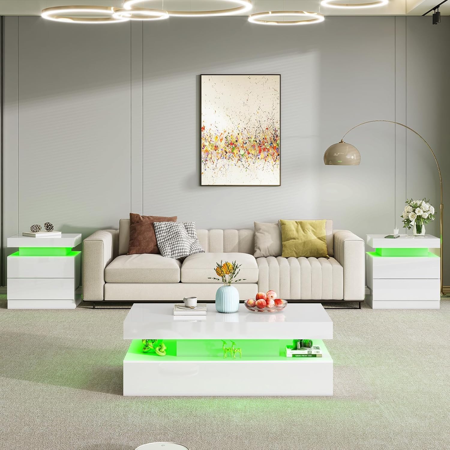 AMERLIFE High Gloss 3 Pieces Living Room Table Set, Modern LED Coffee Table Sets of 3, 2-Tier Center Table with 2 End Side Tables, LED Lights Bedside Table Nightstands with Charging Station, White