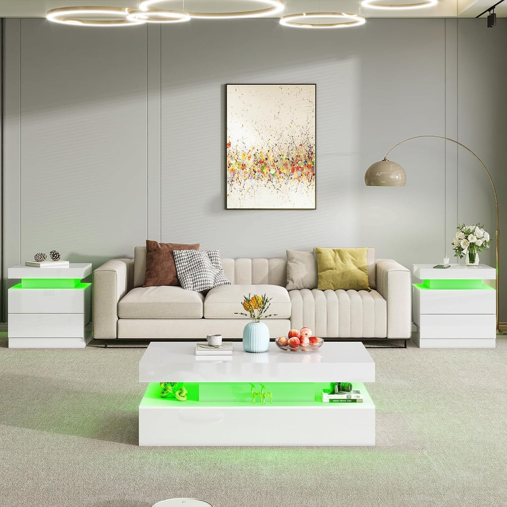 AMERLIFE Modern 3-Piece Table Set for Living Room, White High Gloss Coffee Table with LED Lights, 2 Matching End Side Tables, Nightstand Set with Charging Station