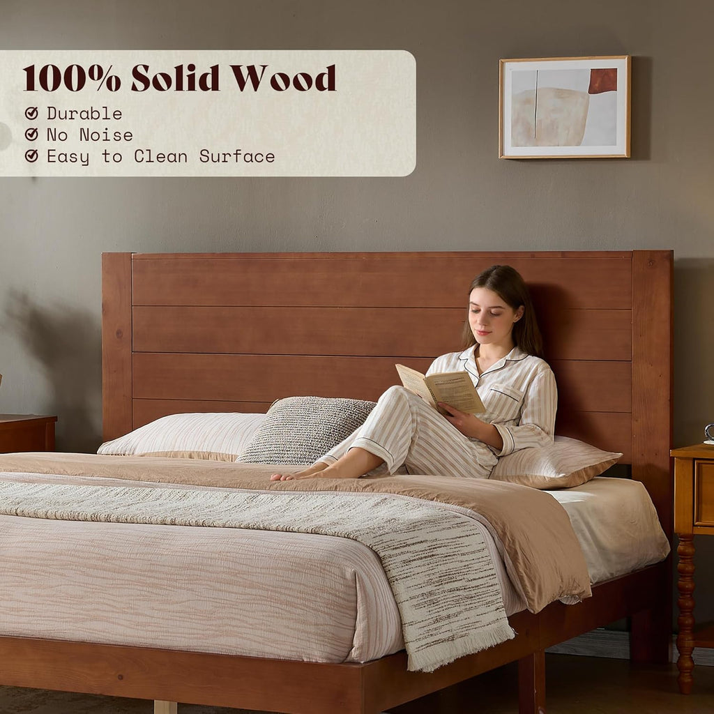 AMERLIFE Queen Size Bed Frame with 48" Tall Headboard, Mid Century Modern Solid Wood Platform Bed with Silent Wood Slat System, No Box Spring Needed, Under-Bed Storage, Brown