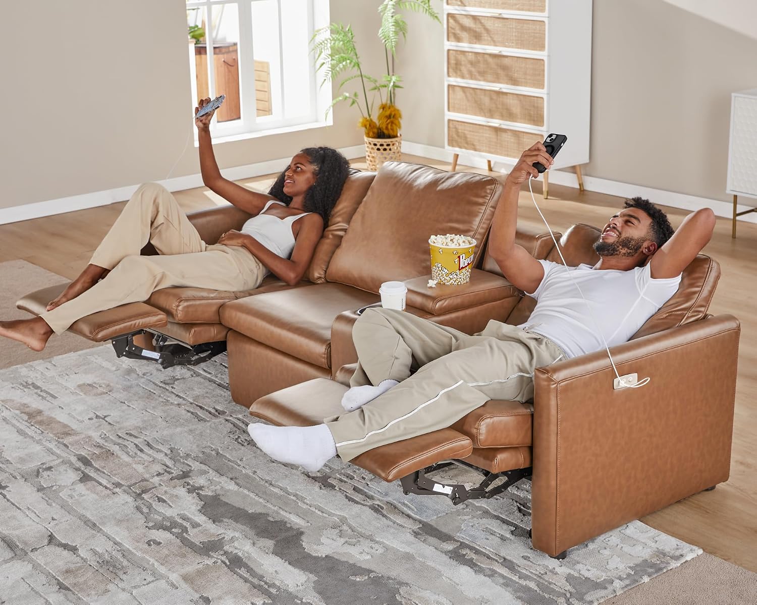 AMERLIFE 36.5” Power Recliner Chair, Single Electric Reclining Sofa with USB Charging Port, Leather Recliner for Living Room, Brown