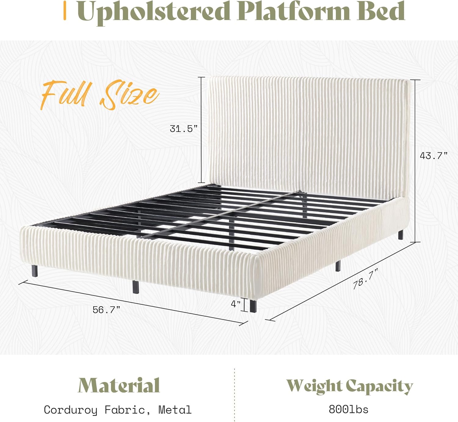 AMERLIFE Full Bed Frame, Upholstered Metal Platform Bed with Vertical Channel Tufted Headboard, Soft Fabric & Strong Metal Slats, Noise-Free/Easy Assembly, White Full Upholstered Bed and Headboard