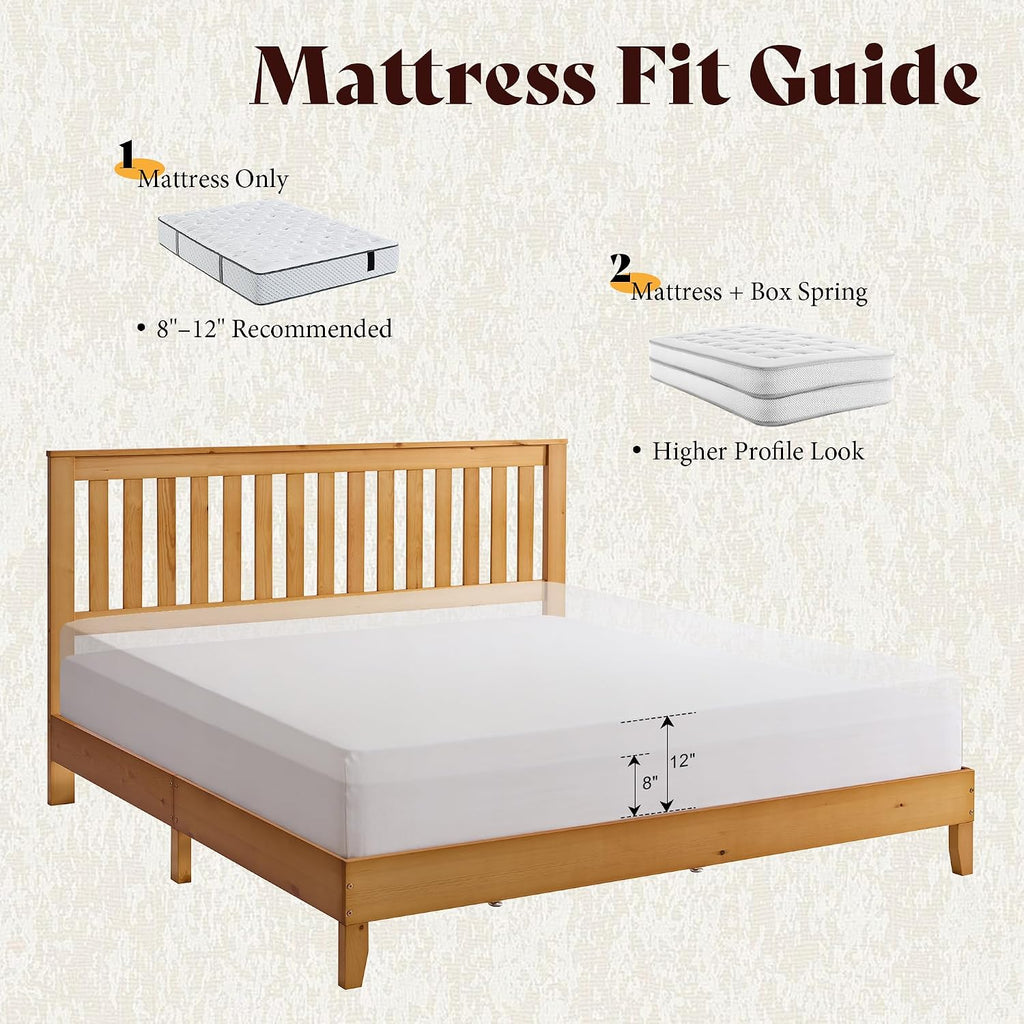 AMERLIFE King Bed Frame, Solid Wood Platform Bed with Vertical Slats Headboard, Wooden Bedframe King-Size, Sturdy Wooden Slats Support, No Box Spring Needed, Noise Free, Light Wood